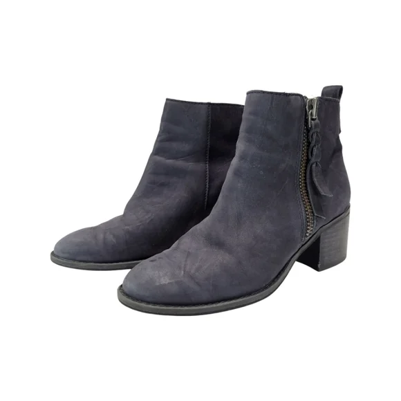 BP Navy Blue Leather Block Heeled Side Zipper Ankle Booties Size 7 - Picture 3 of 13